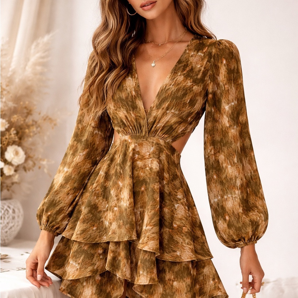 Women’s V-Neck Tiered Ruffle Mini Dress in Olive Brown